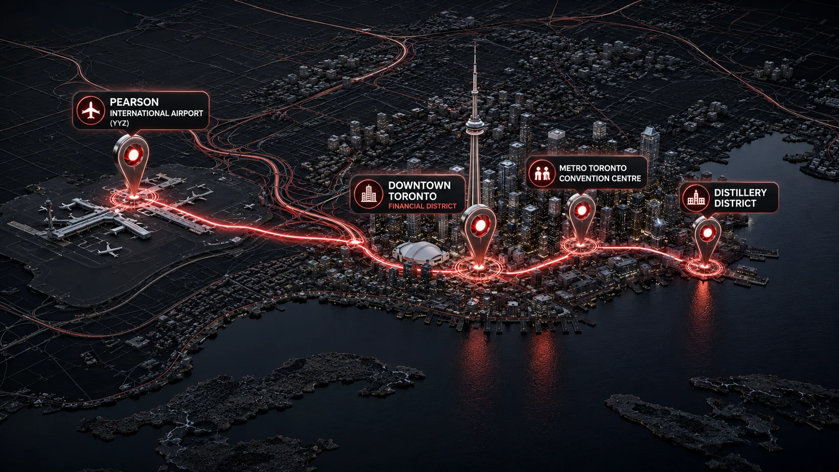 Map of primary corporate event venues and destinations in Toronto